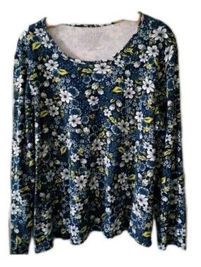 Time and Tru Navy Floral Long Sleeve Tee with Yellow and White Accents